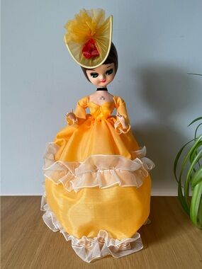 Vintage Midcentury Bradley Fashion Doll Orange Ruffled Dress & Hat 60s 70s Korea